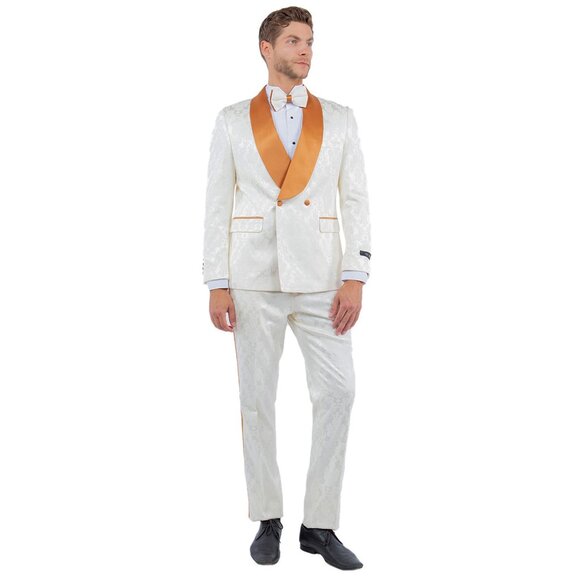 Skinny Fit Rustic Orange Satin Shawl Collar Paisley 2pc Suit Includes Bowtie - Picture 5 of 5